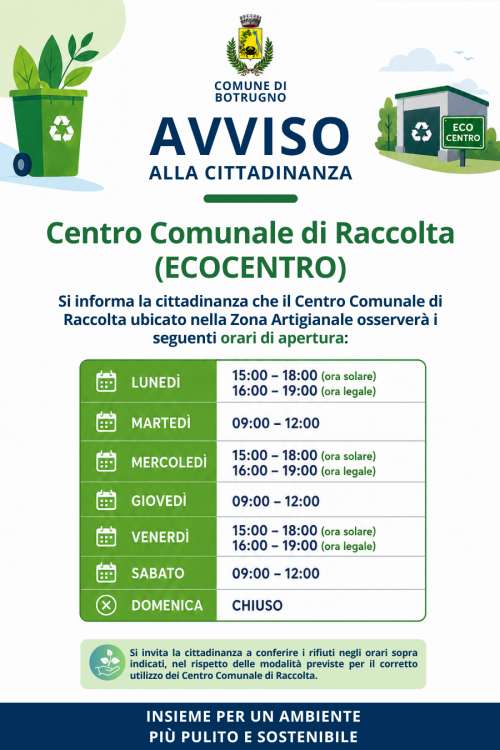 Centro Comunale di Raccolta (Ecocentro): orari di apertura